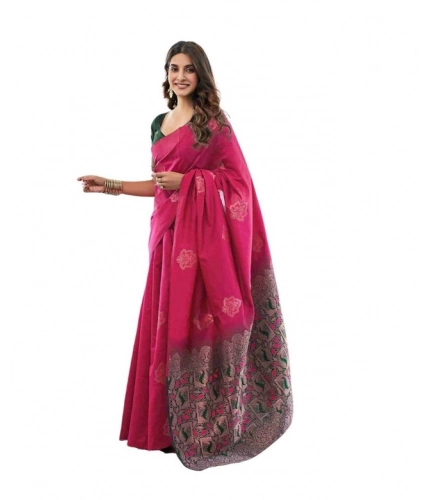 Generic Women's Soft Lichi Silk Printed Saree With Unstitched Blouse 5.5Mtr (Pink)