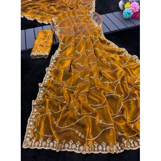 Generic Women's Slik Embellished Saree With Unstitched Blouse 5.5Mtr (Yellow)