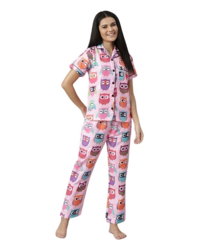 Generic Women's Cotton Blend Printed Short Sleeve Night Suit (Pink)