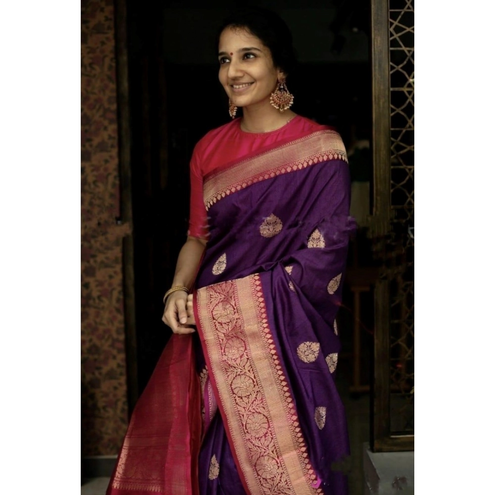 Generic Women's Soft Litchi Silk Jacquard Work Saree With Unstitched Blouse 5.5Mtr (Purple)