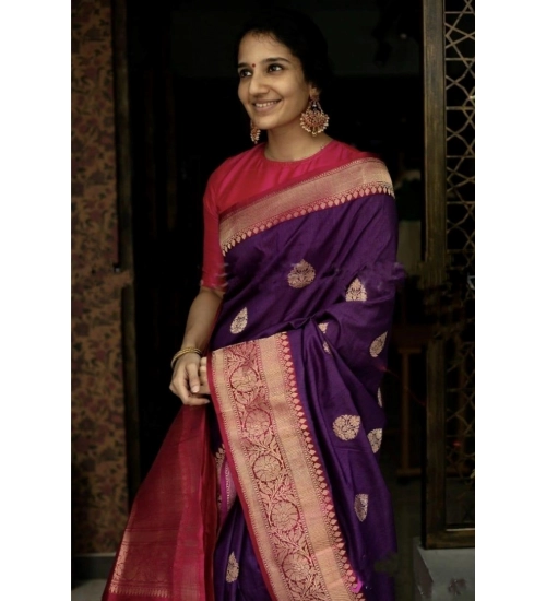 Generic Women's Soft Litchi Silk Jacquard Work Saree With Unstitched Blouse 5.5Mtr (Purple)