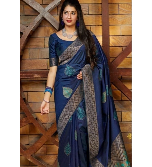 Generic Women's Litchi silk Printed Saree With Unstitched Blouse (Blue)