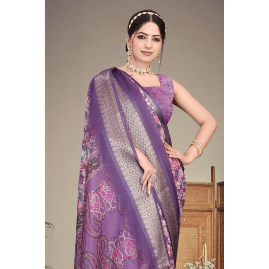 Generic Women's Cotton Silk  Printed Saree With Unstitched Blouse 5.5Mtr (Purple)