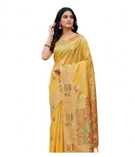 Generic Women's Linen Cotton Printed Saree With Unstitched Blouse 5.5Mtr (Yellow)