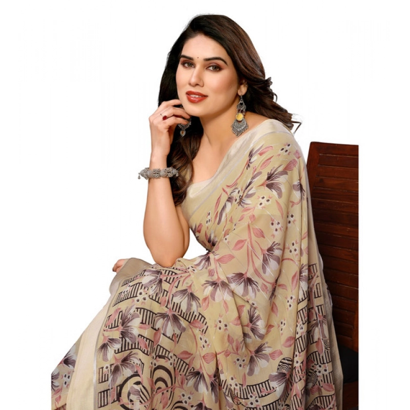 Women's Georgette Printed Saree With Unstitched Blouse 5.5Mtr (Beige)