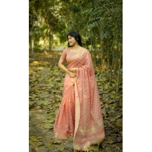 Generic Women's Silk_Blend Checked Saree With Unstitched Blouse 5.5Mtr (Peach)