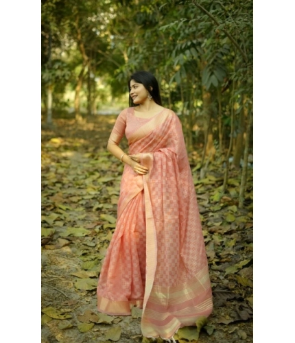 Generic Women's Silk_Blend Checked Saree With Unstitched Blouse 5.5Mtr (Peach)