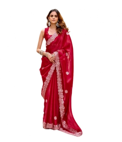Generic Women's Faux Shimmer Geometric Ready to wear Saree With Unstitched Blouse 5.5Mtr (Red) Generic Women's Faux Shimmer Geometric Ready to wear Saree With Unstitched Blouse 5.5Mtr (Red)