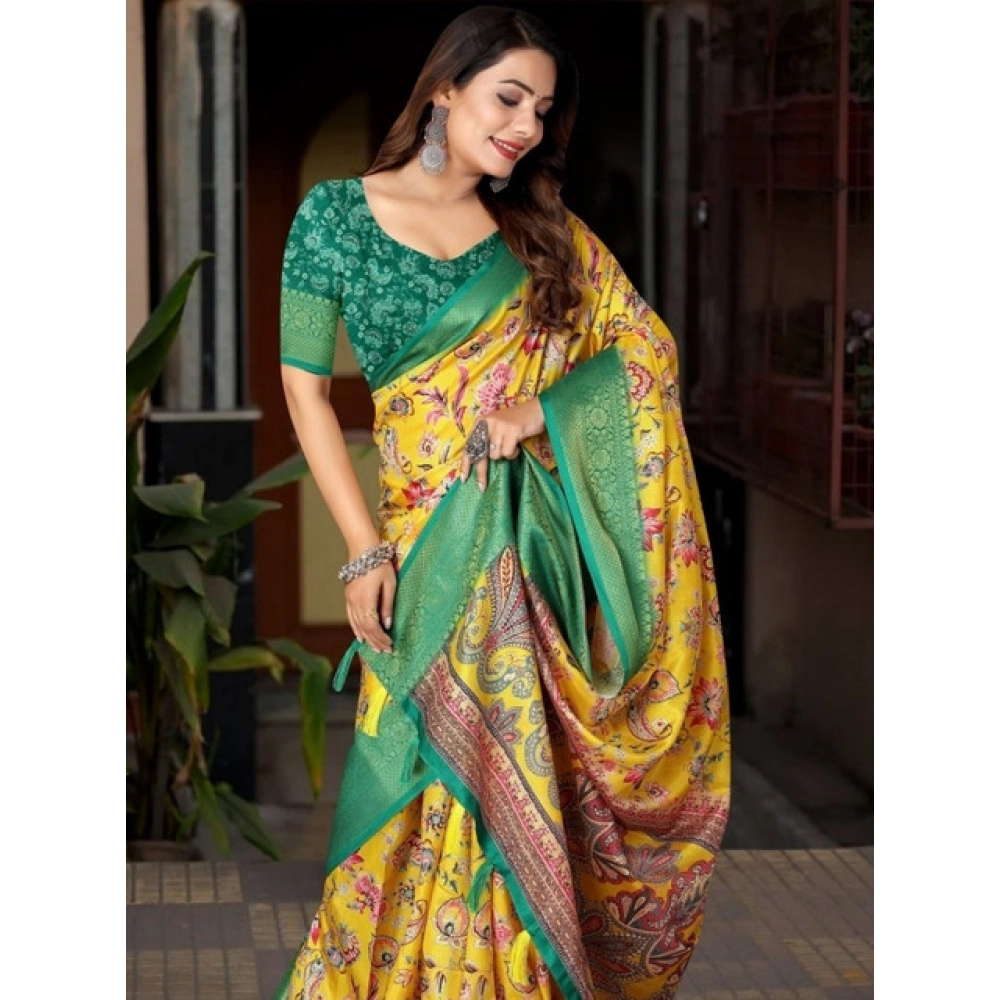 Women’s Cotton Silk Floral Printed Saree With Unstitched Blouse 5.5Mtr (Yellow-Green)