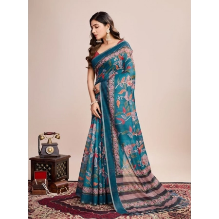 Generic Women's Semi Cotton Digital Print Saree With Unstitched Blouse 5.5Mtr (Teal)