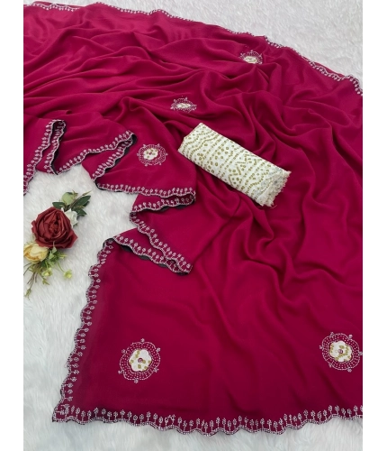 Generic Women's Chiffon Butti Dotted Saree With Unstitched Blouse 5.5Mtr (Pink)