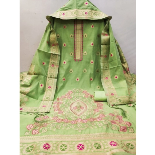 Women's Banarasi Silk Printed Unstitched Salwar Suit Material With Dupatta (Pista, 3Mtrs)
