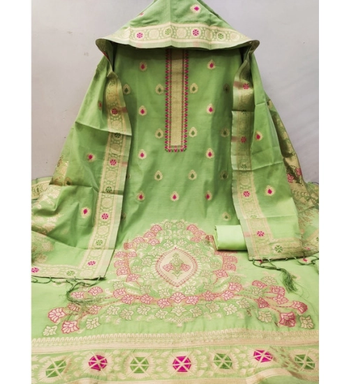 Generic Women's Banarasi Silk Printed Unstitched Salwar Suit Material With Dupatta (Pista, 3Mtrs)