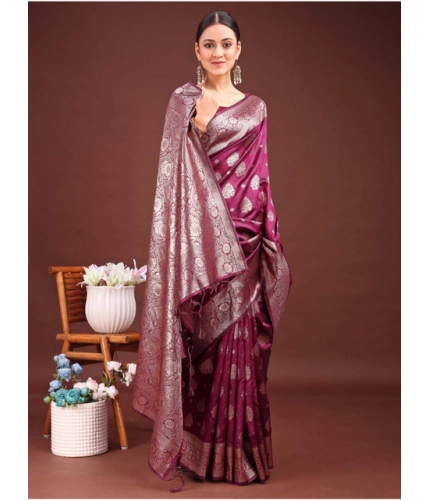 Generic Women's Banarasi Silk Printed Saree With Unstitched Blouse 5.5Mtr (Purple)