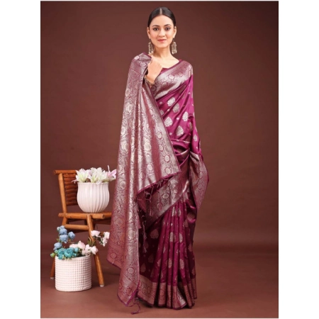 Generic Women's Banarasi Silk Printed Saree With Unstitched Blouse 5.5Mtr (Purple)
