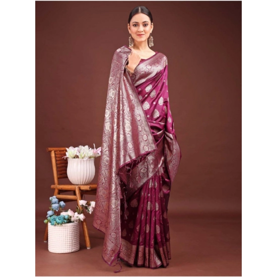 Generic Women's Banarasi Silk Printed Saree With Unstitched Blouse 5.5Mtr (Purple)
