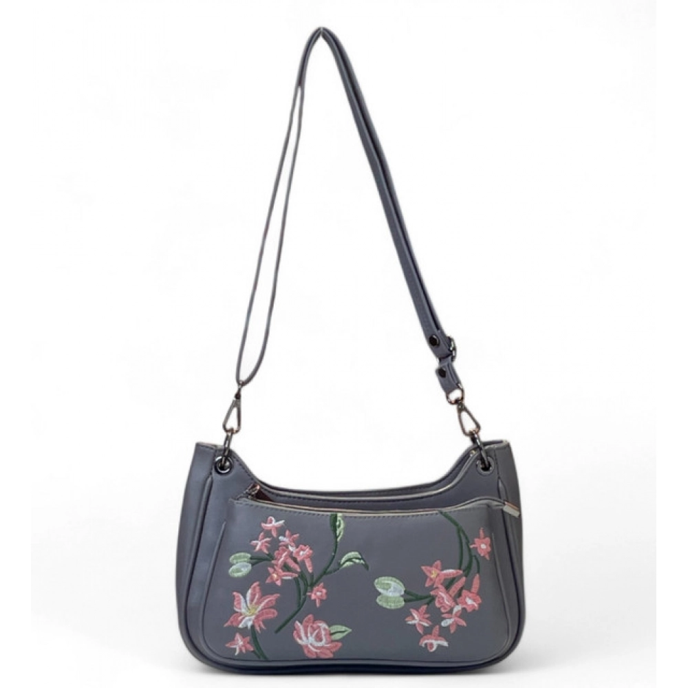 Generic Women's Polyurethane Floral Embroidered Crossbody Sling Bag with Adjustable & Removable Strap (Grey)