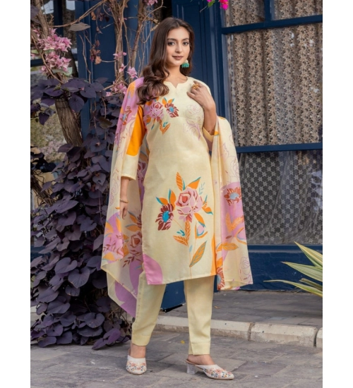 Generic Women's Cotton Blend Printed Kurti With Pant Dupatta Set (Cream)
