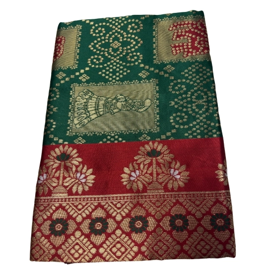 Generic Women's Jacquard Printed Saree With Unstitched Blouse 5.5Mtr (Dark Green)