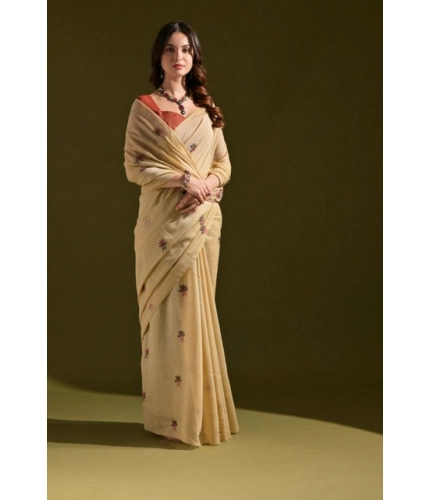 Generic Women's Blended_Cotton Floral Saree With Unstitched Blouse 5.5Mtr (Beige)