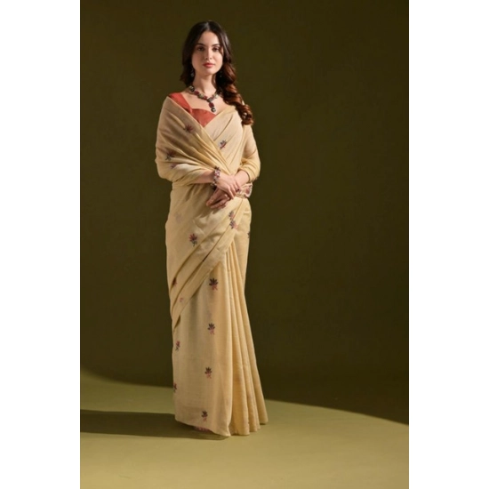 Generic Women's Blended_Cotton Floral Saree With Unstitched Blouse 5.5Mtr (Beige) Generic Women's Blended_Cotton Floral Saree With Unstitched Blouse 5.5Mtr (Beige)