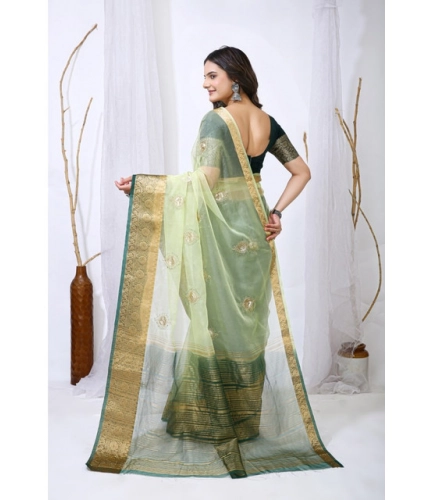 Generic Women's Organza jacquard Embellished Saree With Unstitched Blouse 5.5Mtr (Light Green)