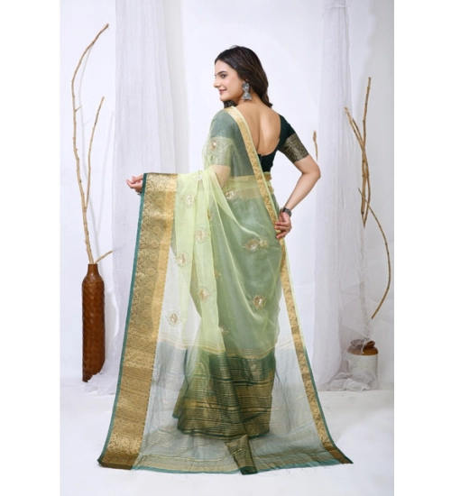 Generic Women's Organza jacquard Embellished Saree With Unstitched Blouse 5.5Mtr (Light Green)