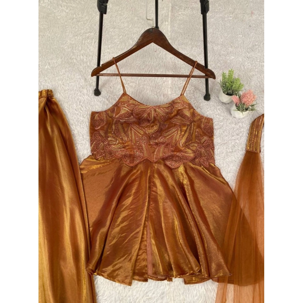 Generic Women's Silk Embroidered Sleeveless Round Kurti With Palazzo Pant and Dupatta Set (Brown) Generic Women's Silk Embroidered Sleeveless Round Kurti With Palazzo Pant and Dupatta Set (Brown)