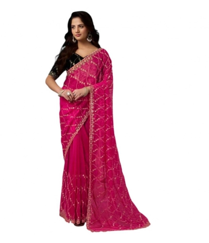 Generic Women's Net Sequence Saree With Unstitched Blouse 5.5Mtr (Pink)