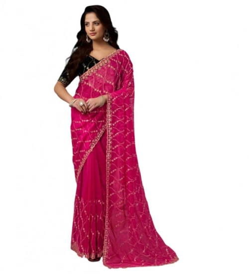 Generic Women's Net Sequence Saree With Unstitched Blouse 5.5Mtr (Pink)