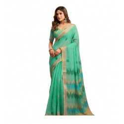 Generic Women's Linen Cotton Printed Ready To Wear With Pocket Saree With Unstitched Blouse 5.5 Mtr (Light_Green)