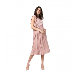 Generic Women's Polyester Pleated Flutter Dress (Champagne Gold)