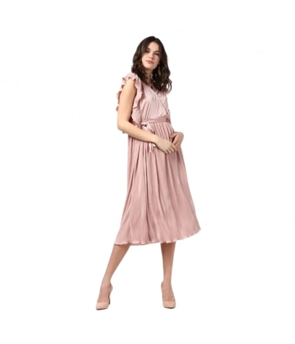 Generic Women's Polyester Pleated Flutter Dress (Champagne Gold)