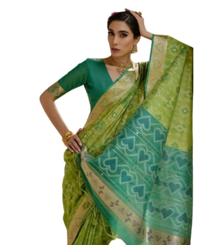 Generic Women's Silk_Blend Ethnic Ikat Pattern Saree With Unstitched Blouse 5.5Mtr (Light_Green)