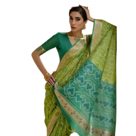 Generic Women's Silk_Blend Ethnic Ikat Pattern Saree With Unstitched Blouse 5.5Mtr (Light_Green)