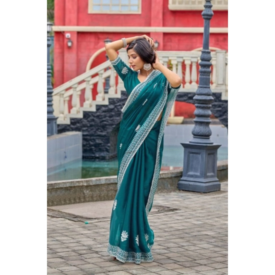 Generic Women's Faux Shimmer Floral Embroidery Ready to wear Saree With Unstitched Blouse 5.5Mtr (Teal) Generic Women's Faux Shimmer Floral Embroidery Ready to wear Saree With Unstitched Blouse 5.5Mtr (Teal)