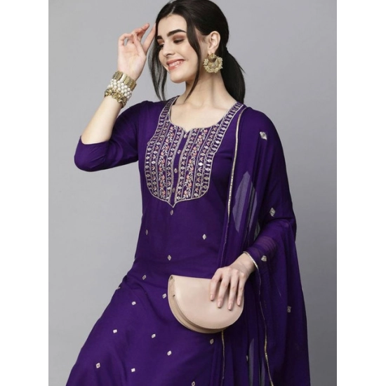 Generic Women's Tesla Silk Embroidered U-Neck Kurti With Pant Dupatta Set (Dark Purple)