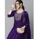 Generic Women's Tesla Silk Embroidered U-Neck Kurti With Pant Dupatta Set (Dark Purple)