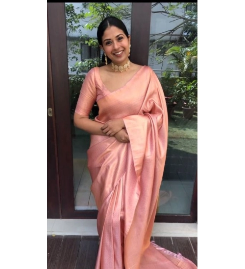 Generic Women's Litchi silk Printed Saree With Unstitched Blouse (Peach)