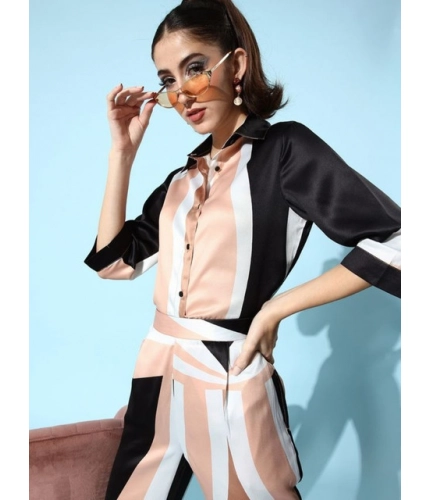 Generic Women's Satin Colour Block Long Sleeves Co-Ord Set (Beige - Black)