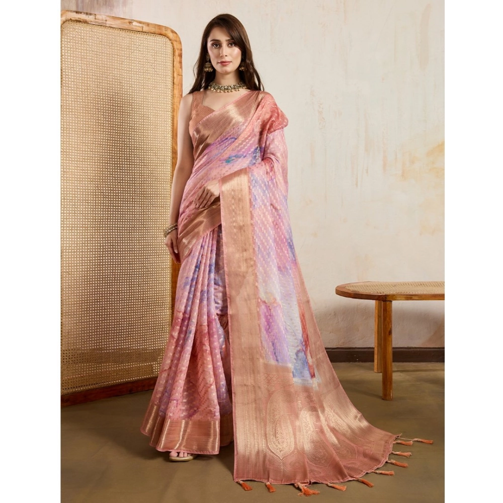 Generic Women's Viscose Printed Saree With Unstitched Blouse 5.5Mtr (Peach)