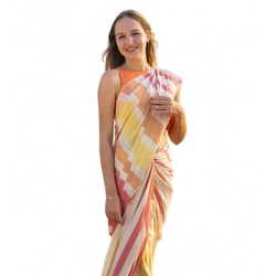 Generic Women's Linen Printed Saree With Unstitched Blouse 5.5Mtr (Yellow)
