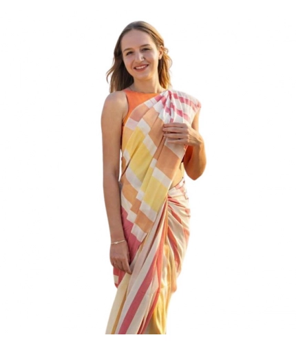 Generic Women's Linen Printed Saree With Unstitched Blouse 5.5Mtr (Yellow)