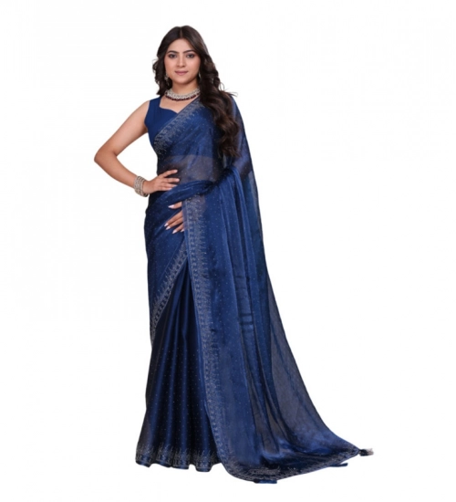 Generic Women's Jimmy choo Embellished Bollywood Saree With Unstitched Blouse 5.5Mtr (Blue)