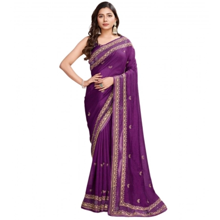 Generic Women's Vichitra Silk Embroidery Work Saree With Unstitched Blouse 5.5Mtr (Wine)