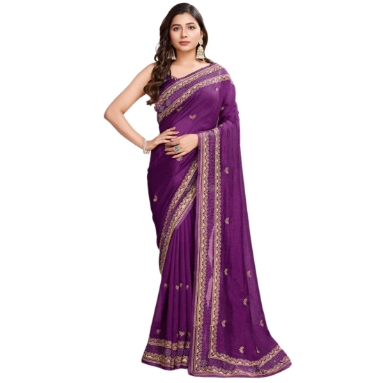 Generic Women's Vichitra Silk Embroidery Work Saree With Unstitched Blouse 5.5Mtr (Wine)
