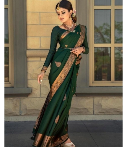 Generic Women's Soft Lichi Silk Printed Saree With Unstitched Blouse 5.5Mtr (Green)