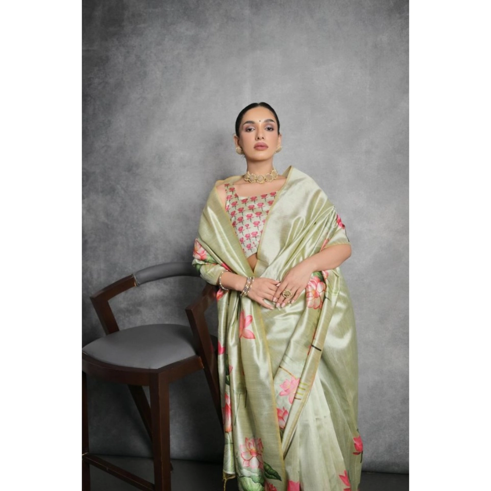 Generic Women's Cotton Printed Saree With Unstitched Blouse 5.5 Mtr (Green)