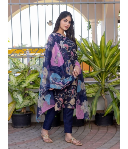 Generic Women's Cotton Blend Printed Kurti With Pant Dupatta Set (NavyBlue)