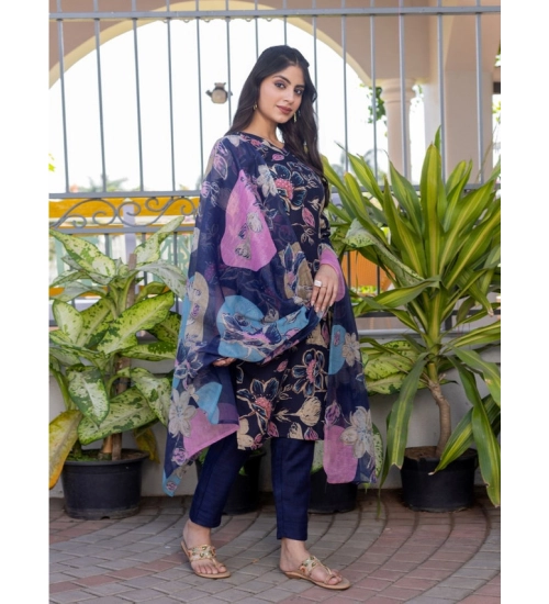 Generic Women's Cotton Blend Printed Kurti With Pant Dupatta Set (NavyBlue)
